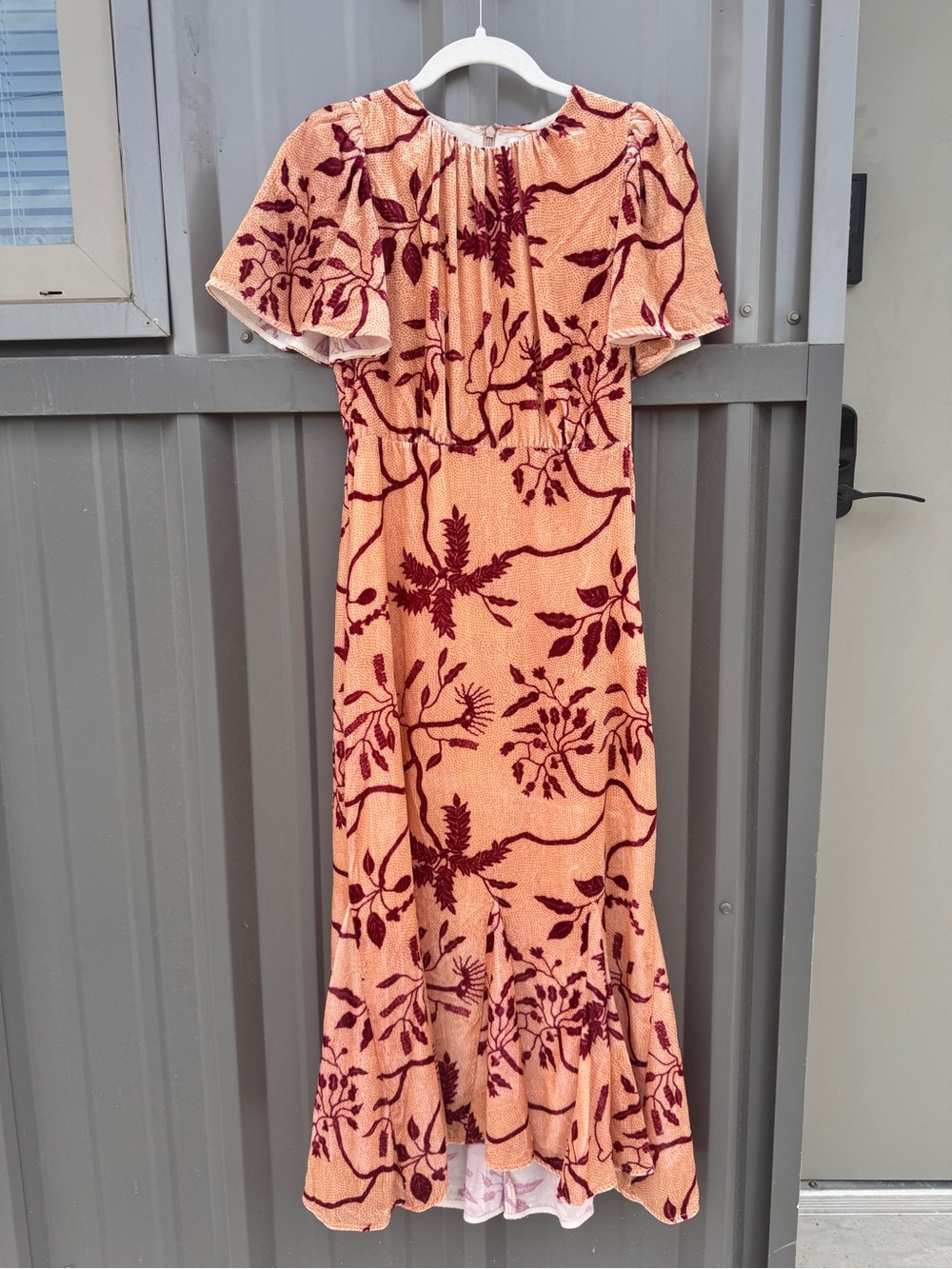 RHODE Resort Velvet Burnout Botanical Midi Dress Flutter Sleeve Pink Burgundy - Picture 2 of 6
